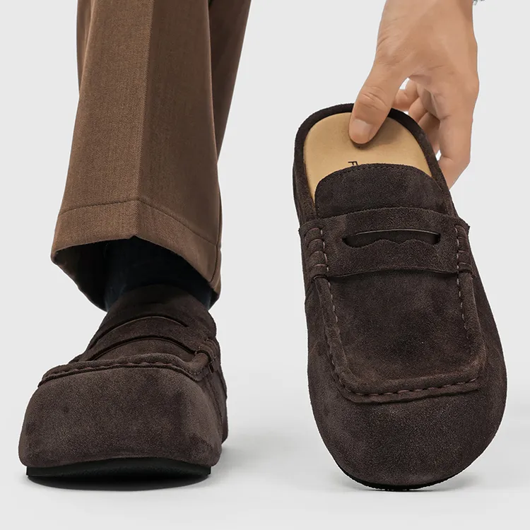 LEVTCHBORZT勃肯鞋半拖男包头一脚蹬乐福鞋厚底增高翻毛皮休闲鞋