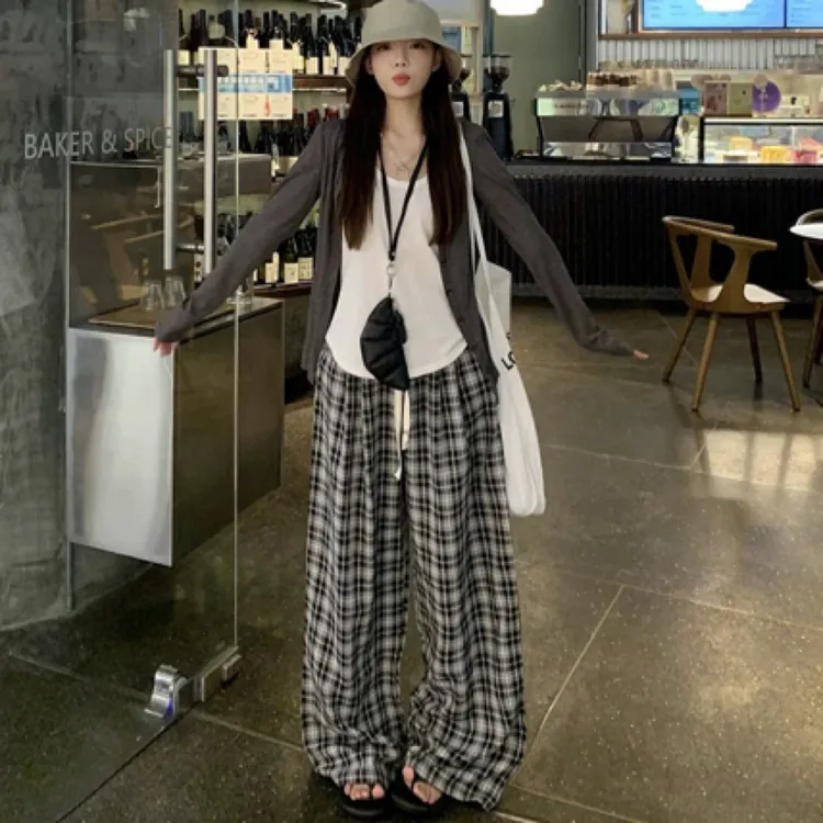 松驰感穿搭秋季胖mm防晒开衫背心宽松格子阔长裤时尚三件套