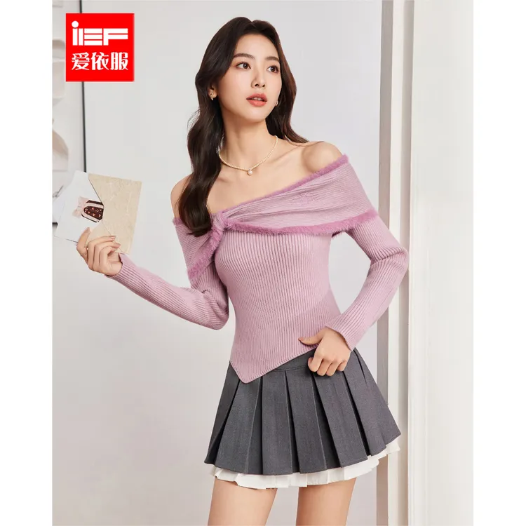 IEF/爱依服2025新款秋季显瘦气质一字肩时尚百搭毛织上衣