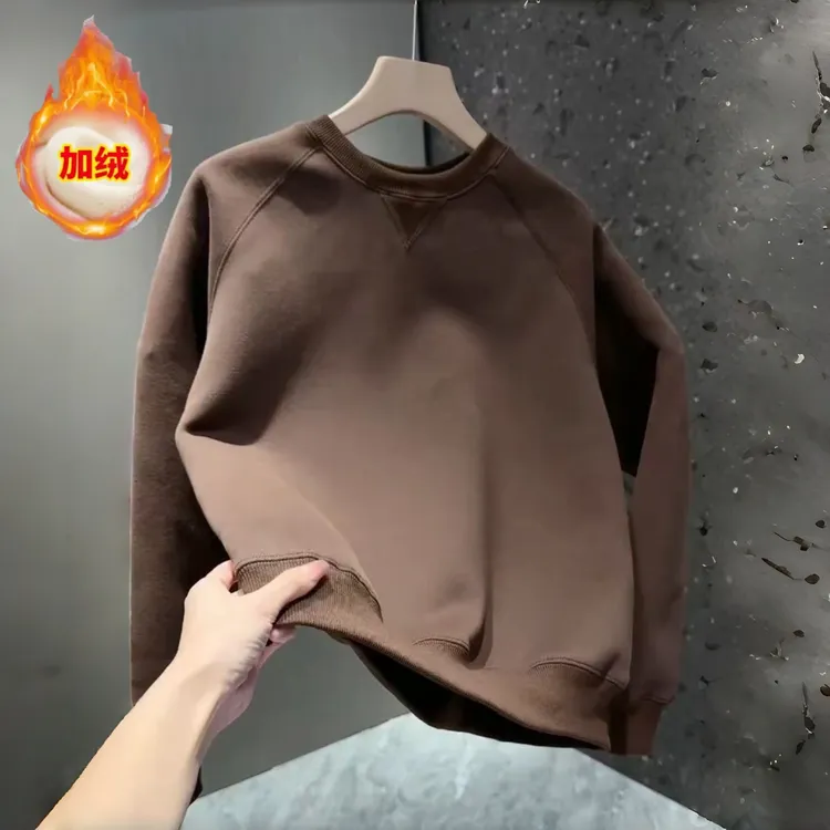 秋冬男士新款加绒韩版微宽圆领卫衣纯色净版时尚百搭加厚休闲卫衣