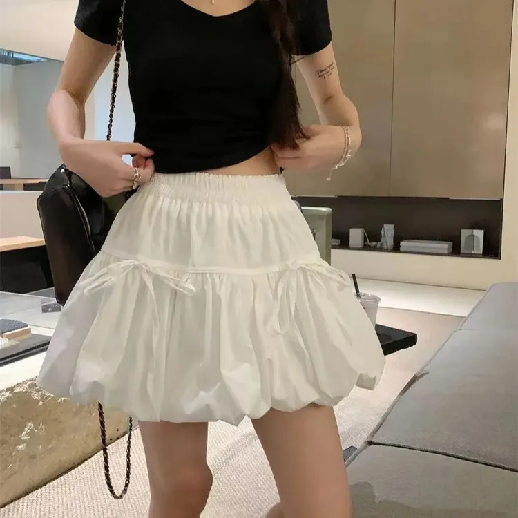 白色半身裙女夏季设计感蝴蝶结绑带蓬蓬裙子甜美风A字短裙花苞裙