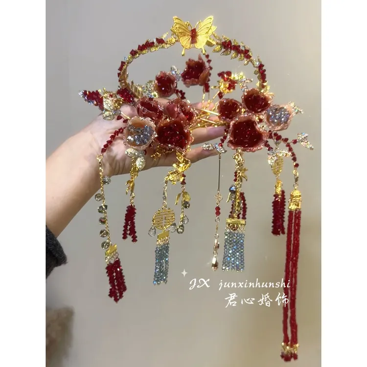 君心家 红色古风发箍流苏新娘发饰套装发簪甜美中式结婚头饰