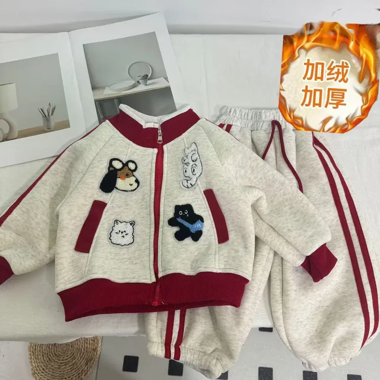 【加绒套装】贴布绣新款男女童套装时尚百搭休闲舒适上衣拉链两件套