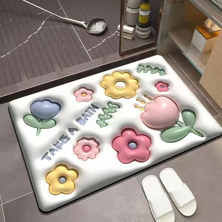 浴室防滑垫厕所卫生间地垫脚垫3D立体感膨胀小花软科技布吸水地垫