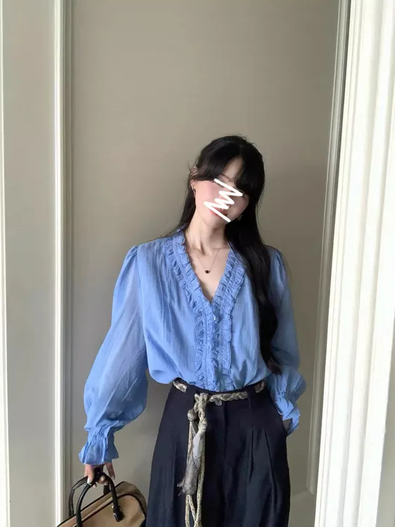 法式温柔风套装v领木耳边长袖衬衫女装秋季直筒阔腿休闲裤两件套