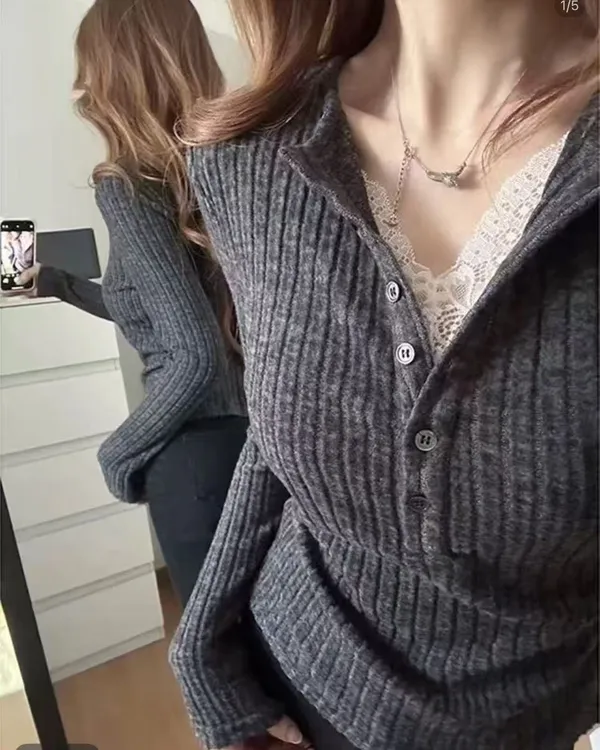 胖MM秋冬气质蕾丝V领假两件针织衫女2025新款修身纯欲打底衫上衣