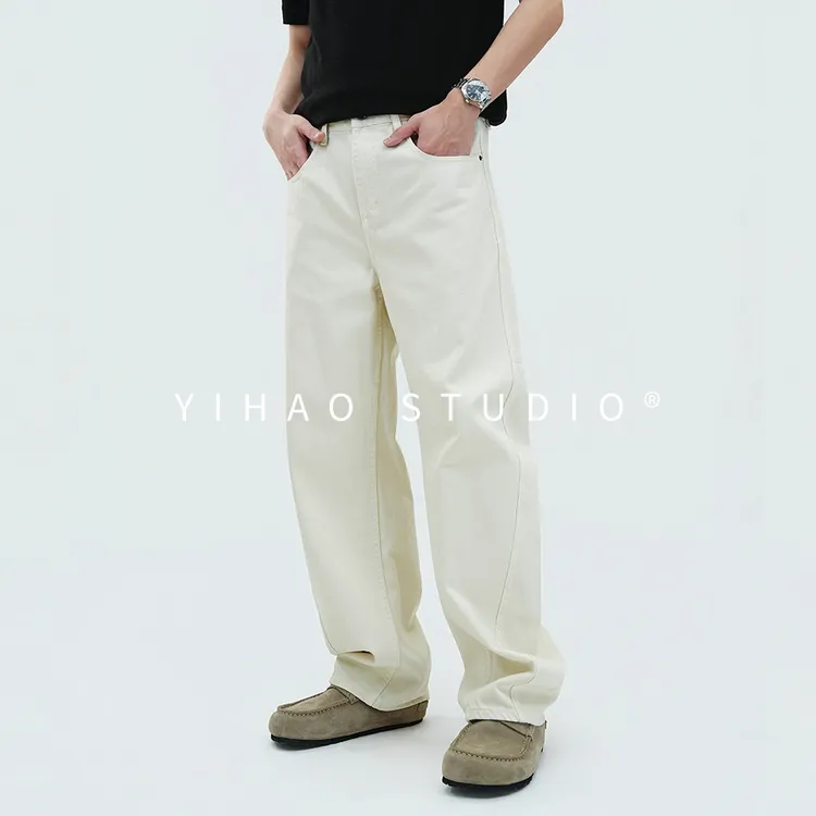 YIHAO STUDIO新款男士弯刀牛仔裤美式休闲宽松百搭水洗长裤