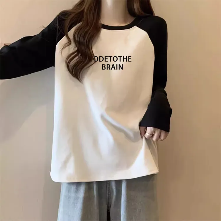 撞色插肩长袖T恤女美式宽松显瘦打底衫2025超火减龄设计感上衣ins