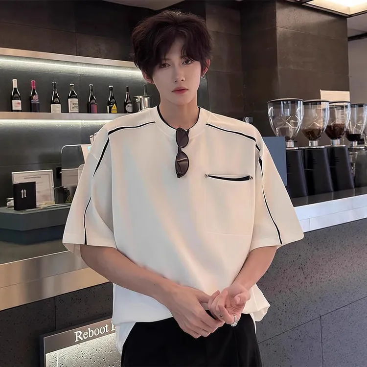 美式假两件设计感拼接t恤男士夏季撞色痞帅短袖高级感小众半截袖