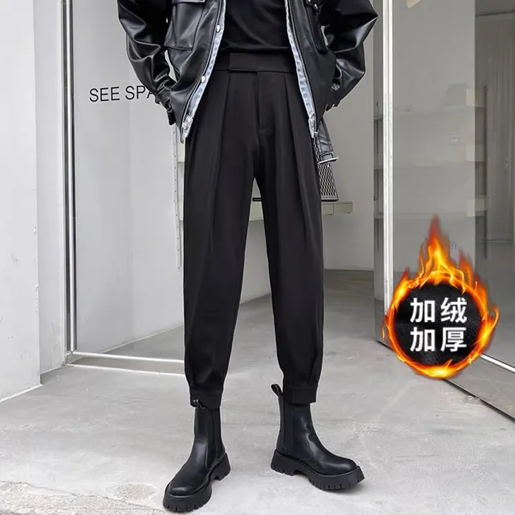 秋冬搭配马丁靴裤子男士魔术贴西裤男痞帅薄款束脚网红哈伦休闲裤