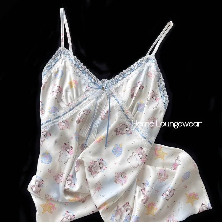 【甜心喵喵】可爱卡通吊带日系少女风蕾丝花边甜美睡裙带胸垫薄款