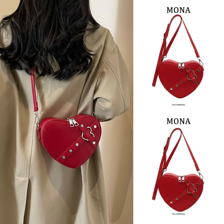 Mona时尚高级感小众斜挎包包女童2025潮新款红色爱心包新年手机包