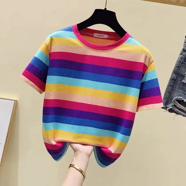 2025夏季新款泫雅风彩虹条纹短袖T恤女韩版宽松圆领ins超火上衣女