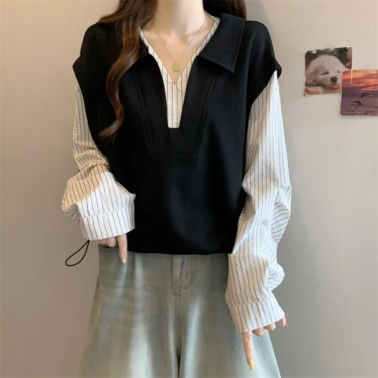 大码女装韩版遮肚子POLO领条纹卫衣女春秋胖妹妹宽松显瘦拼接上衣