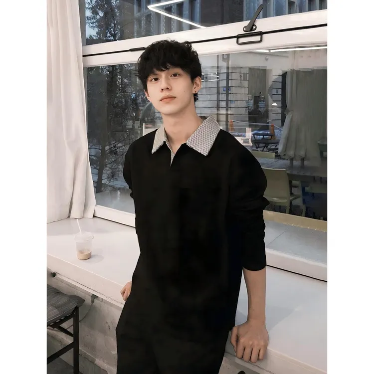 aoaoai·老钱风千鸟格拼接polo领长袖t恤男短款卫衣抗皱空气宽松秋