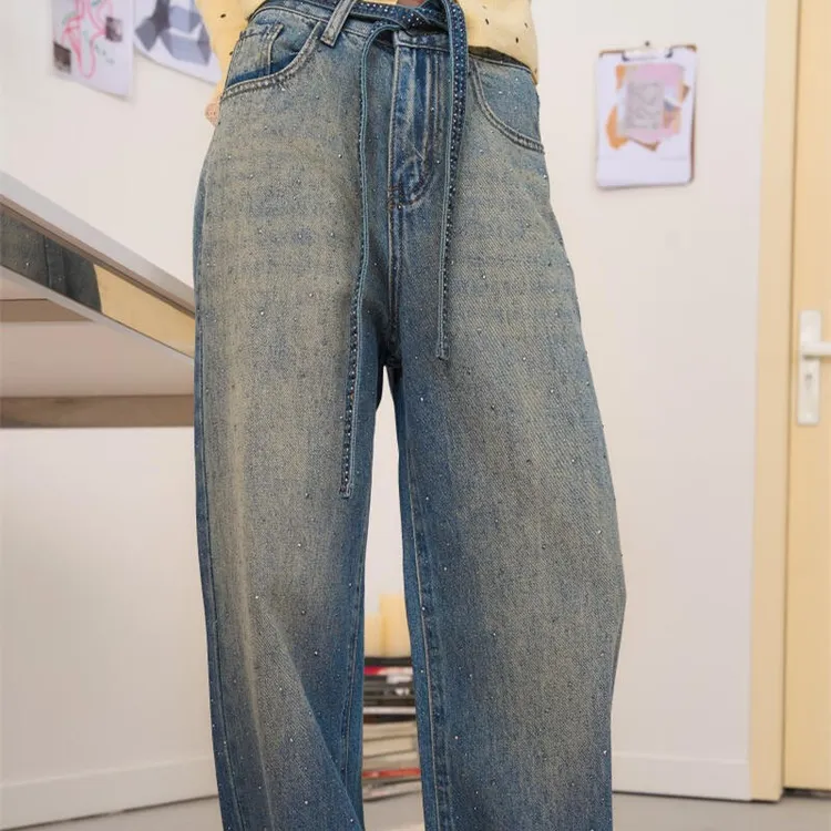 Cloud season【现货】星光渐变直筒高腰百搭牛仔长裤弯刀宽松牛仔裤