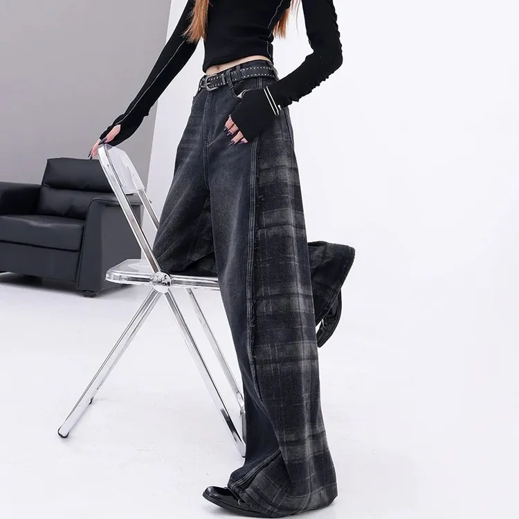 微胖女孩直筒裤加大加宽女裤夏季薄款牛仔裤格纹撞色拼接宽松阔腿