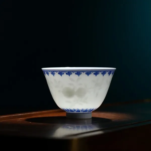 景德镇青花内膜印手工陶瓷超薄胎三多纹饰