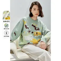 抽象图案圆领上衣落肩多色提花弹力宽松套头珊瑚绒毛衣56593