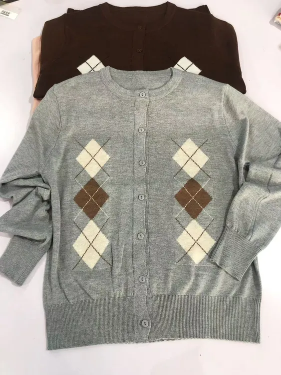 MZ.XFA柔软长袖圆领针织开衫复古菱形格子毛衣外套TZ2455