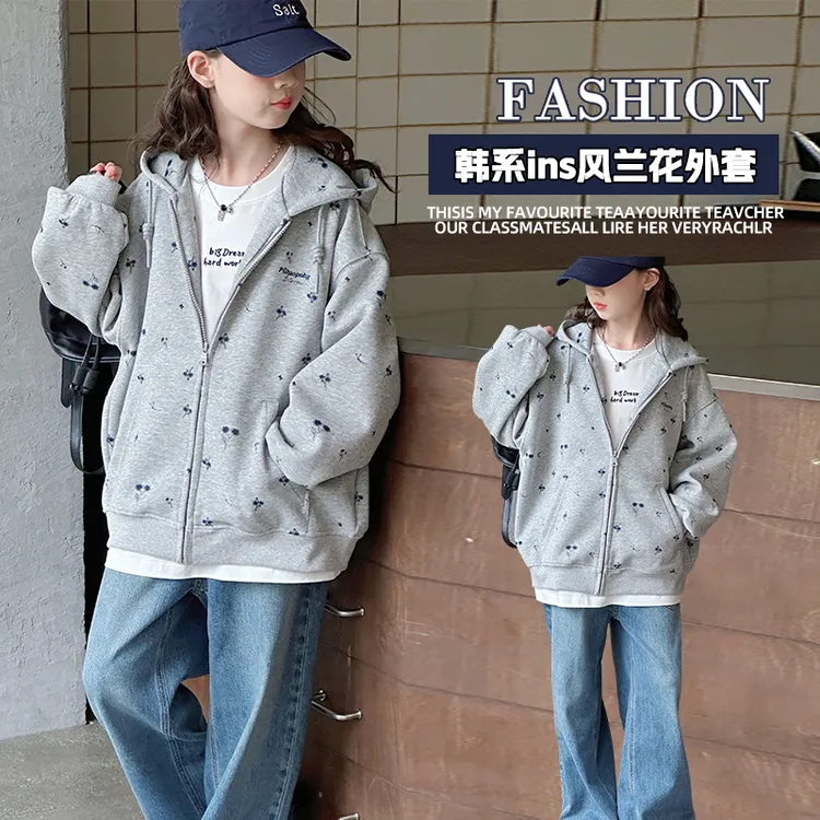 女童外套春秋款2025新款洋气儿童休闲连帽卫衣女大童秋季宽松上衣