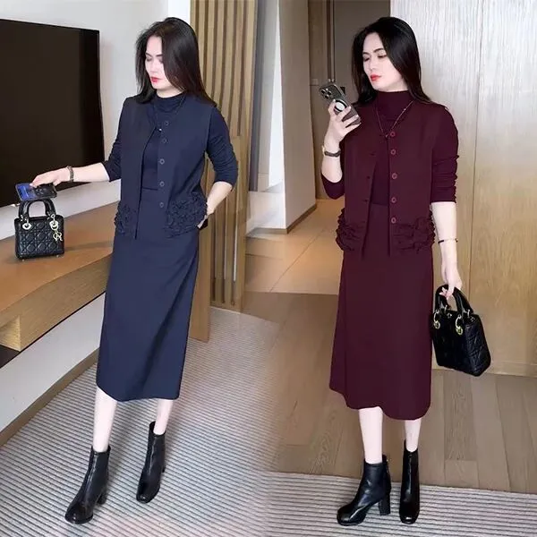 时尚套装裙女2025秋季新款气质木耳边马甲长袖打底衫半身裙三件套