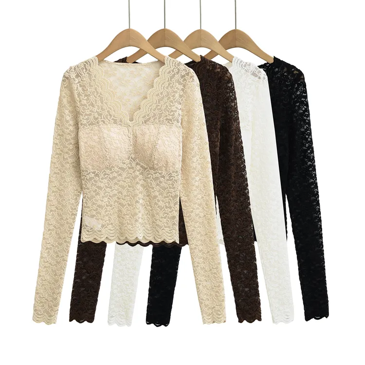 CL2508 欧美风新款性感辣妹蕾丝镂空气质长袖T恤V领显瘦打底衫