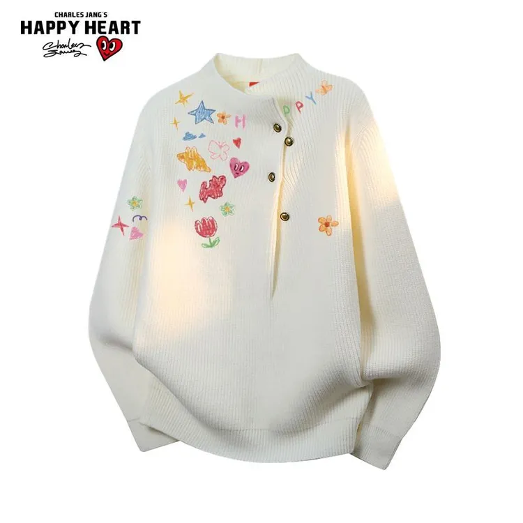 查尔斯桃心卡通涂鸦半高领冬季针织衫毛衣男女宽松休闲长袖上衣服
