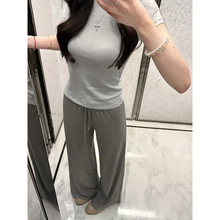 夏季小众设计款显瘦修身正肩T恤短袖上衣休闲简约时尚阔腿长裤女
