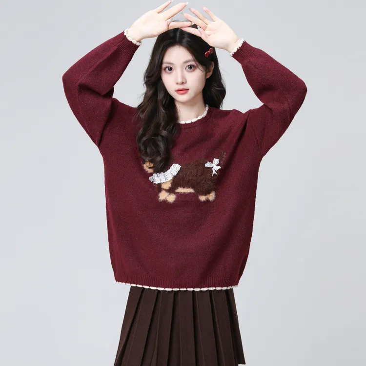 红色圆领毛衣女2025秋冬新款卡通小狗宽松慵懒加厚内搭针织衫上衣
