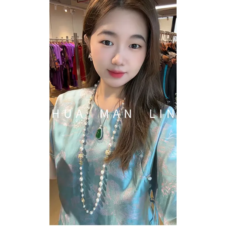 【花滿林】'淡蓝之梦’圆领流光绸真丝桑蚕丝短袖上衣251297