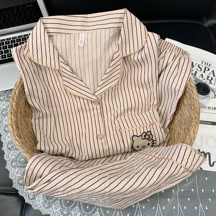 【长袖摩卡条纹黑皮KT】春秋可爱卡通睡衣套装女韩版家居服套装