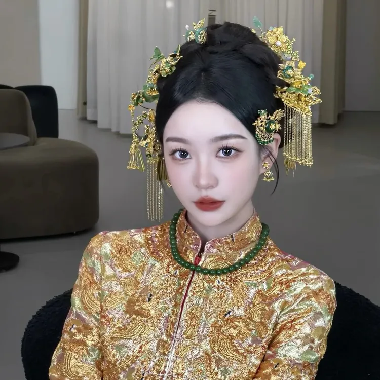 12505新款金绿色ete中式秀禾头饰新娘结婚龙凤褂黄分体简约高级