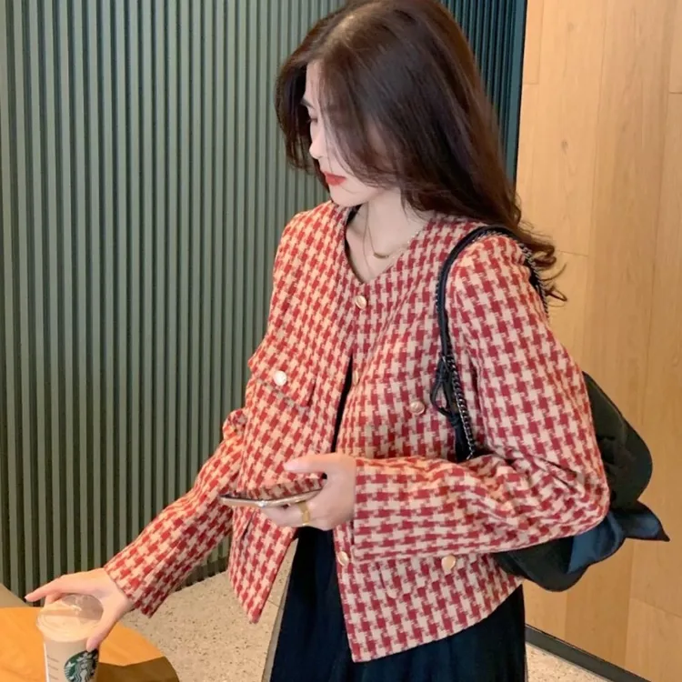 秋季新款高级感千鸟格小外套女短款小香风上衣休闲洋气复古韩版