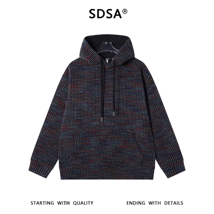 SDSA秋冬新款痞帅男装简约韩版撞色竖纹抽绳连帽针织卫衣宽松百搭