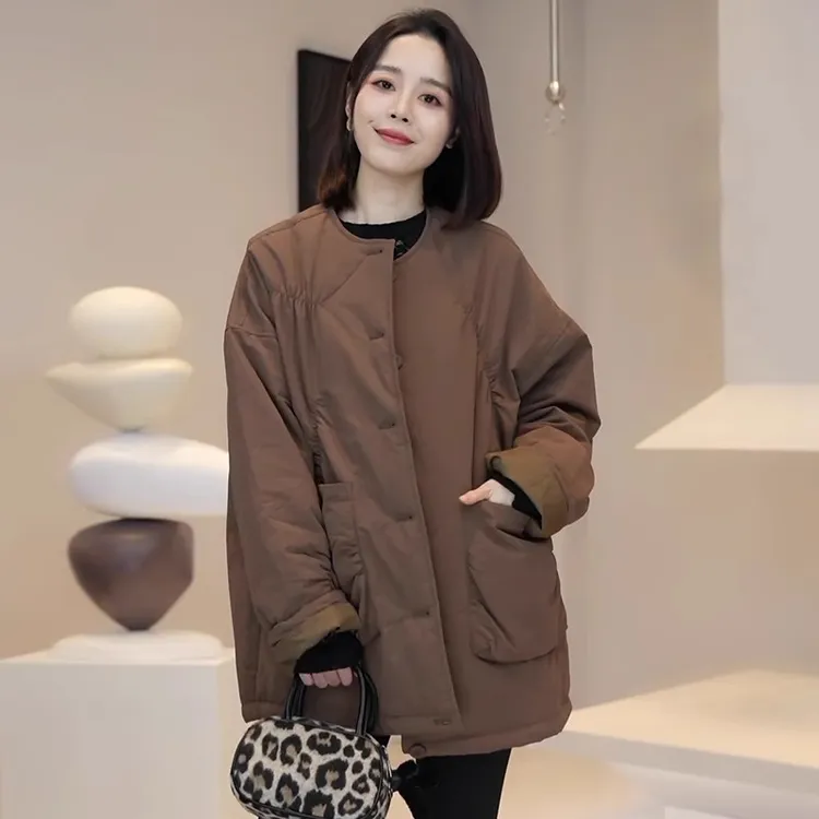 大码别致休闲风圆领中长款棉服外套女冬季遮肉减龄小众气质上衣潮