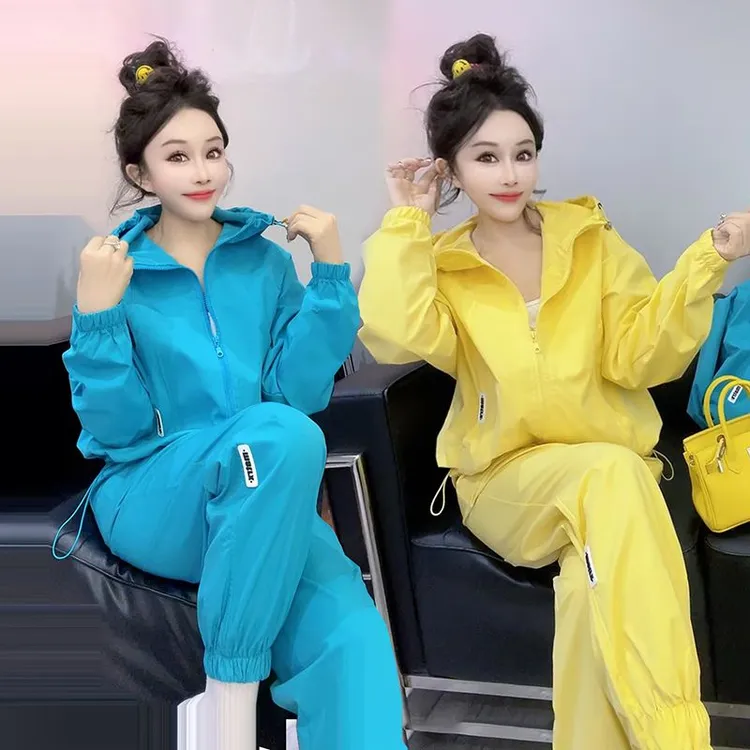 2025春秋夏新款防晒速干休闲运动套装女韩版连帽外套束脚裤两件套