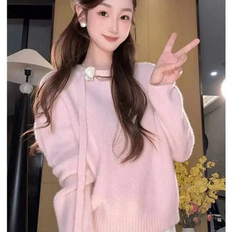 法式挂脖飘带毛衣女秋冬季宽松慵懒风高级感针织衫上衣