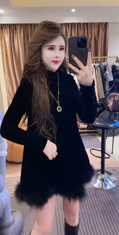 轻奢名媛时尚丝绒裙法式重工毛毛边复古显瘦遮肉春秋冬三季连衣裙