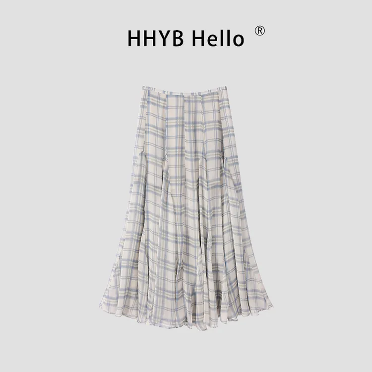 HHYB Hello2025夏季新款显瘦简约度假风雪纺格子纹半身裙女H40027