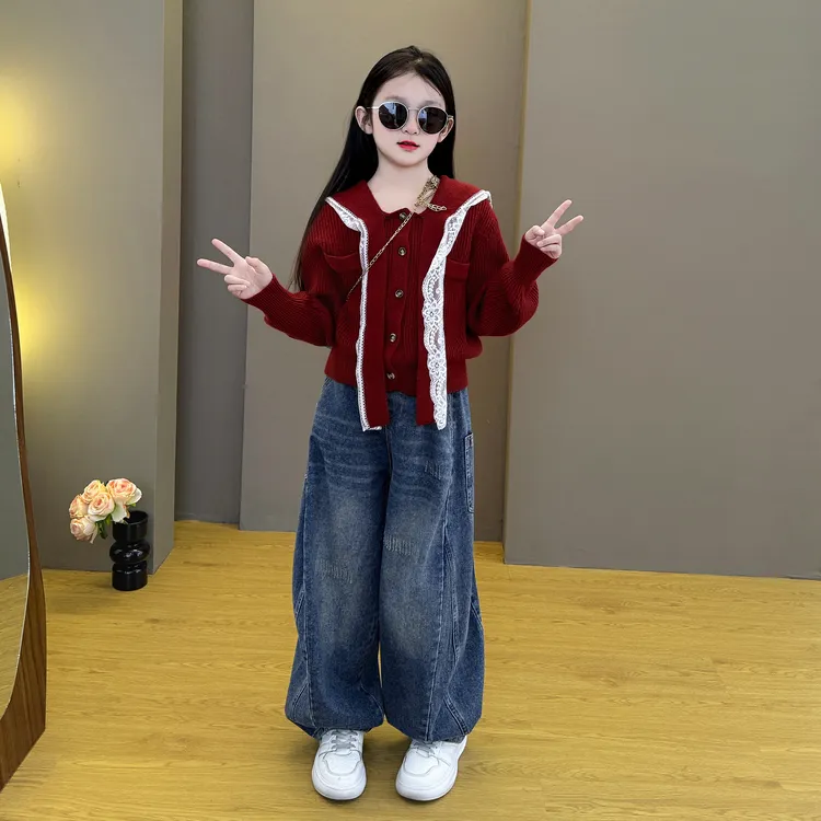 女童2025新款中大童韩版洋气春秋季休闲宽松拼接毛衣牛仔裤套装潮