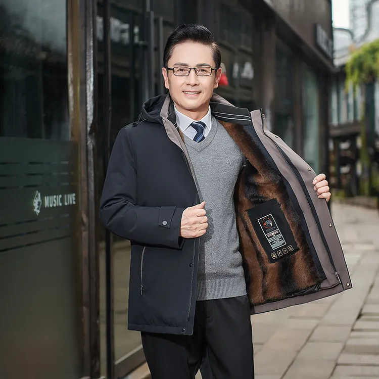 国标90鹅绒羽绒服可拆卸可脱卸内胆保暖连帽中老年老年人大码