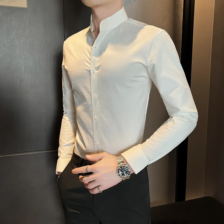 高级感男士华夫格立领长袖衬衫2025秋季新款商务休闲潮流痞帅衬衣
