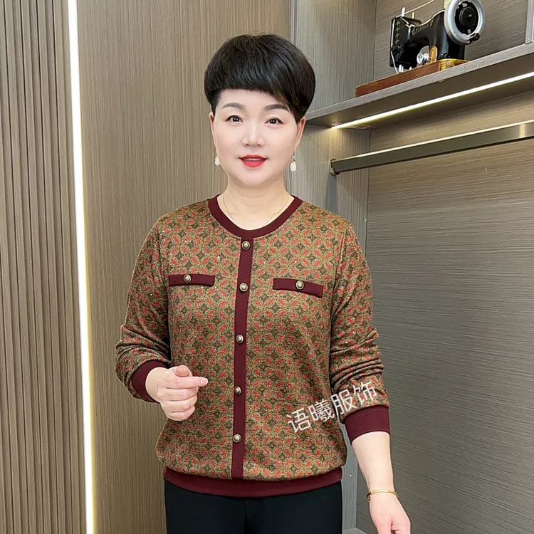 时尚休闲风圆领薄款中老年女装秋季新款显瘦上衣F9969