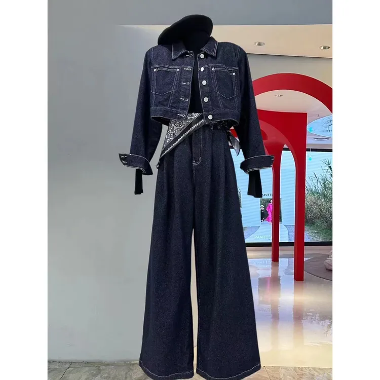【不掉色】复古港风时髦设计感深蓝色飒爽工装牛仔外套阔腿裤套装潮