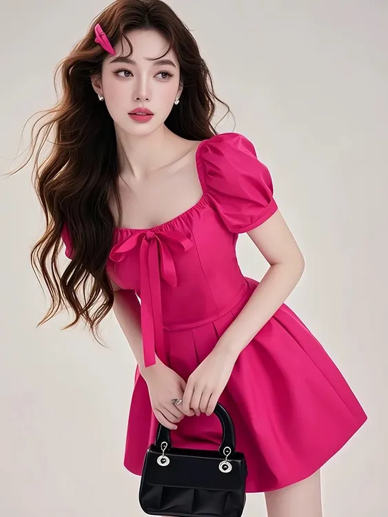 法式多巴胺玫红色连衣裙女夏天2025新款高级感收腰显瘦气质小礼服
