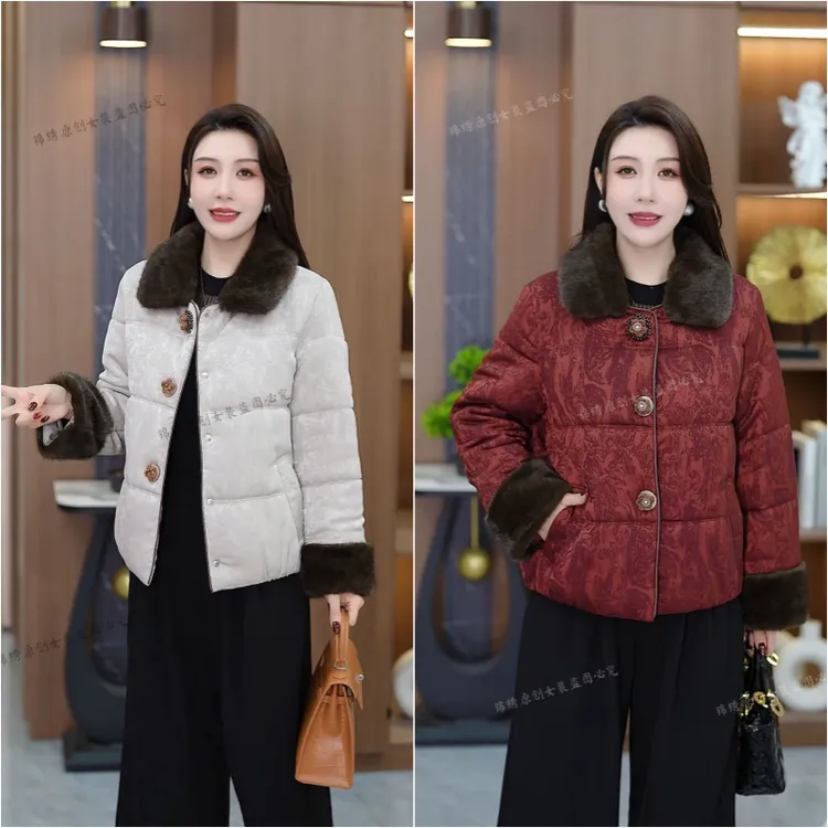  时尚妈妈冬装短款提花国风加厚保暖气质小棉袄新款洋气棉服