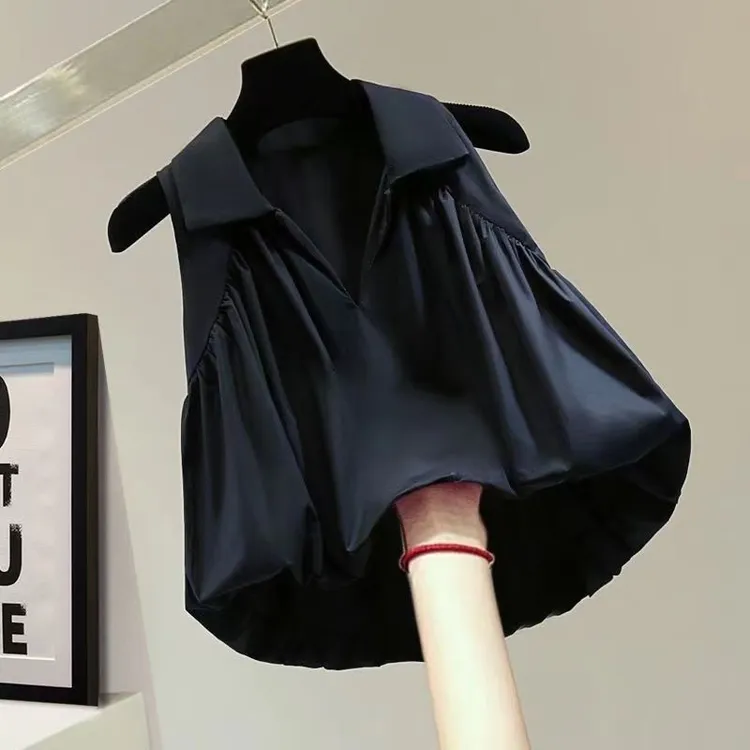 今年网红款黑色衬衫小个子前短后长上衣韩版无袖宽松衬衣小众洋气