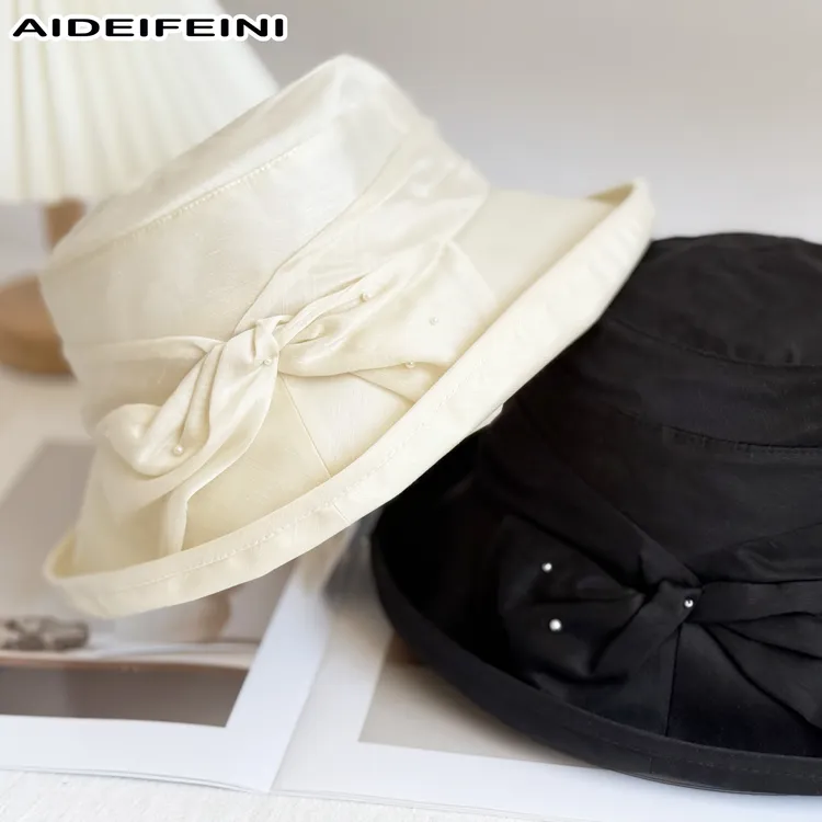 春夏宽檐蝴蝶结夏季帽子遮阳帽百搭黑色复古盆帽平顶日系太阳帽