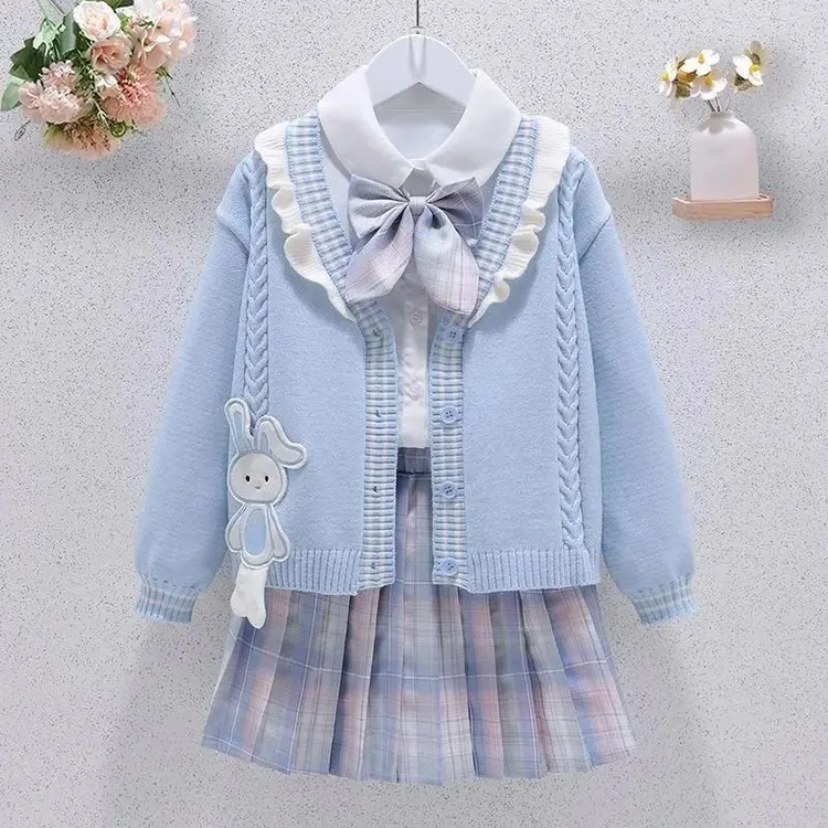 女童JK套装秋冬2025新款洋气女孩学院风开衫毛衣衬衫百褶裙三件套